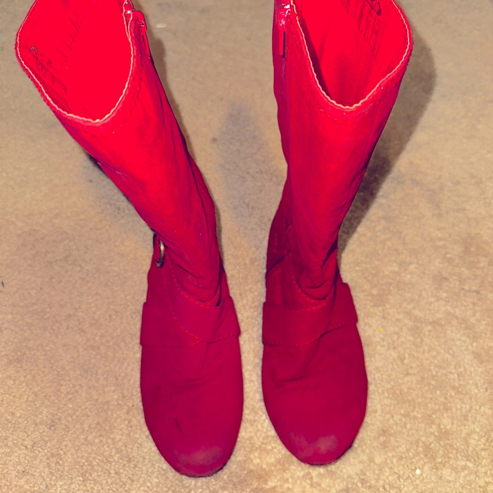 Red Suede Calf-High Boots, Size 8.5